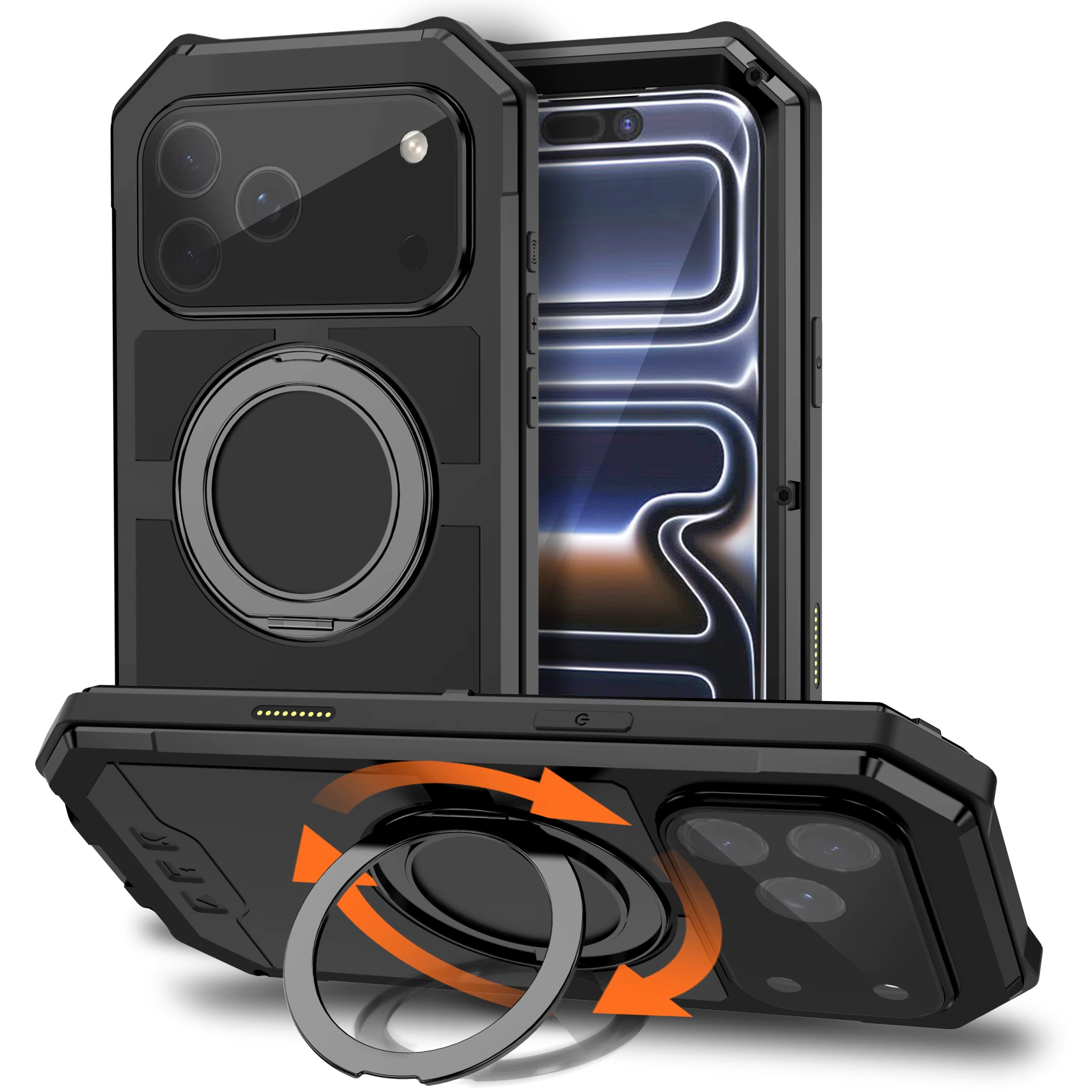 Premium Aluminum Armor iPhone Case – MagSafe Compatible Magnetic Cover with Built-in Kickstand, Glass Screen Protection and Shockproof Bumper