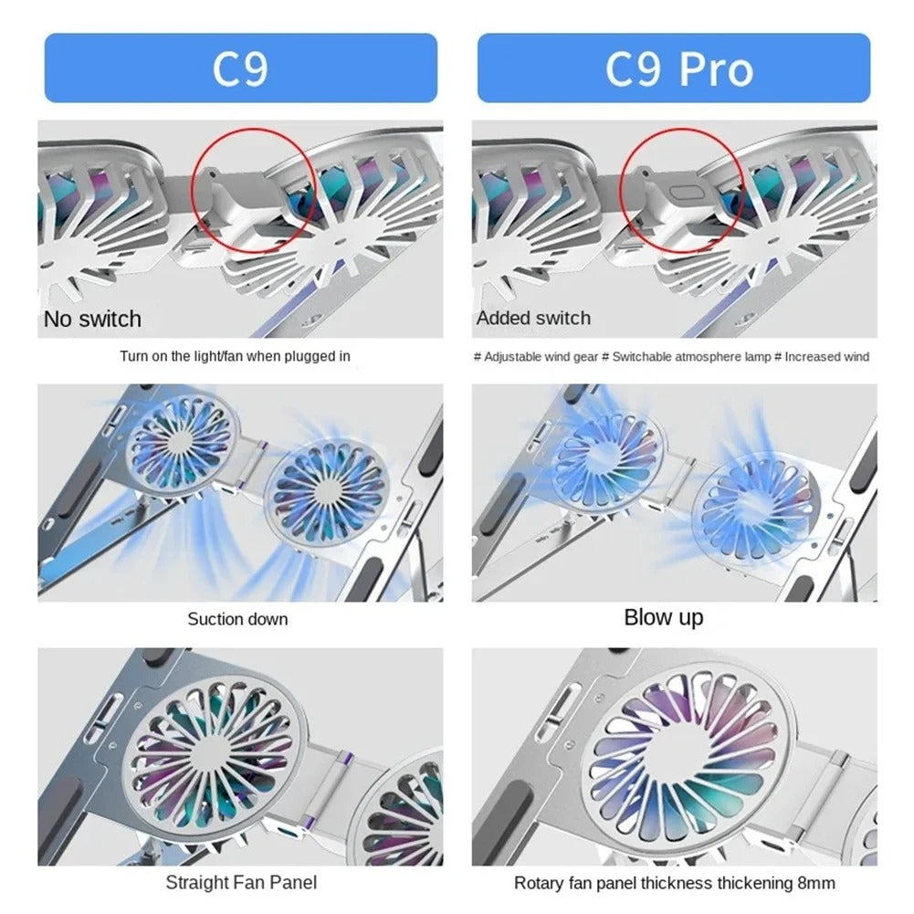 Luxury Aluminum Laptop Stand with RGB Light & Dual Cooling Fans – 7-Level Height Adjustable Notebook Holder, USB Powered, Foldable & Portable for 17" Devices