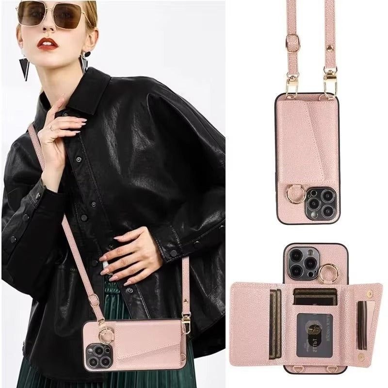 High-End Apple iPhone Case, MagSafe Compatible, Camera Lens & Screen Protection, Ultra Thin, Shockproof, Magnetic Full All Around Cover – Crossbody Leather Wallet Case with Finger Ring Buckle & Card Slots