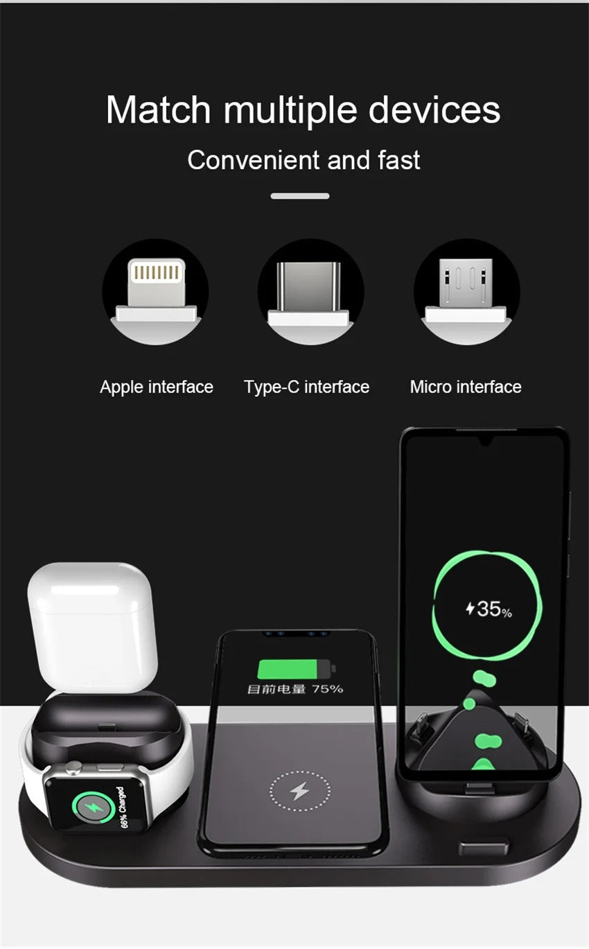 Premium 6 in 1 Wireless Charging Station – Fast Charger Dock for iPhone, Apple Watch, AirPods with Type-C, Lightning & Micro USB Ports, 15W Output