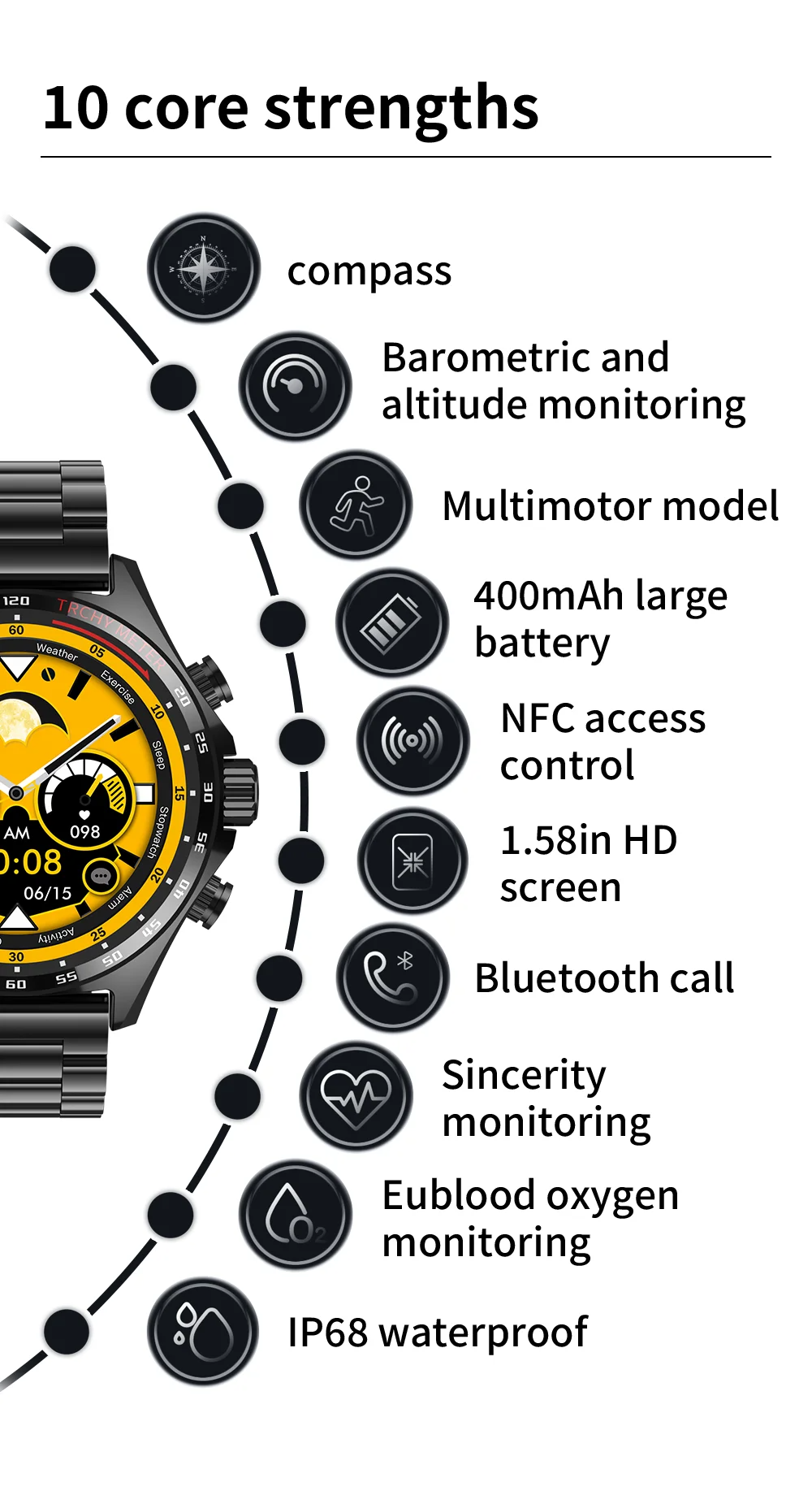 Robust Outdoor Smartwatch for iPhone – NFC Access Control, GPS Positioning, Compass, 400mAh Battery, IP68 Waterproof