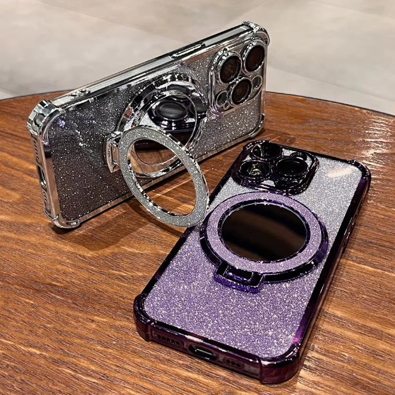 Luxury Apple iPhone Case, MagSafe Compatible, Camera Lens & Screen Protection, Ultra Thin, Shockproof, Magnetic Full All Around Cover – Sparkling Gradient Glitter Airbag Case with Mirror Back & Diamond Stand Holder