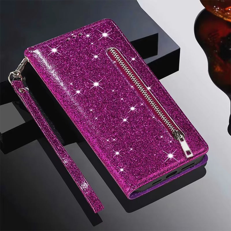 Luxury Apple iPhone Case, MagSafe Compatible, Camera Lens and Screen Protection, Ultra Thin, Shockproof, Magnetic, Full All Around Protection, Glitter Zipper Wallet Cover