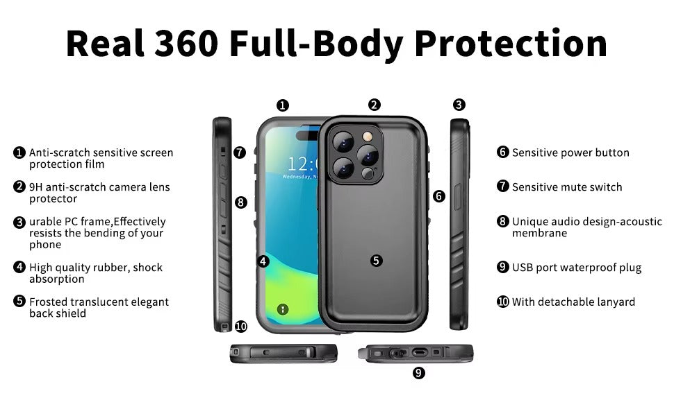 Premium Apple iPhone Case MagSafe Compatible, Camera Lens & Screen Protection, Ultra Thin Shockproof Magnetic Full All Around Protection Cover with Waterproof Strap for Diving