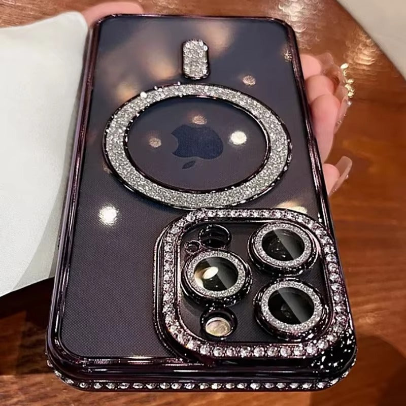 Luxury Apple iPhone Case, MagSafe Compatible, Camera Lens & Screen Protection, Ultra Thin, Shockproof, Magnetic Full All Around Cover – Glitter Diamond Transparent Case with Wireless Charging & Bumper Edge Design