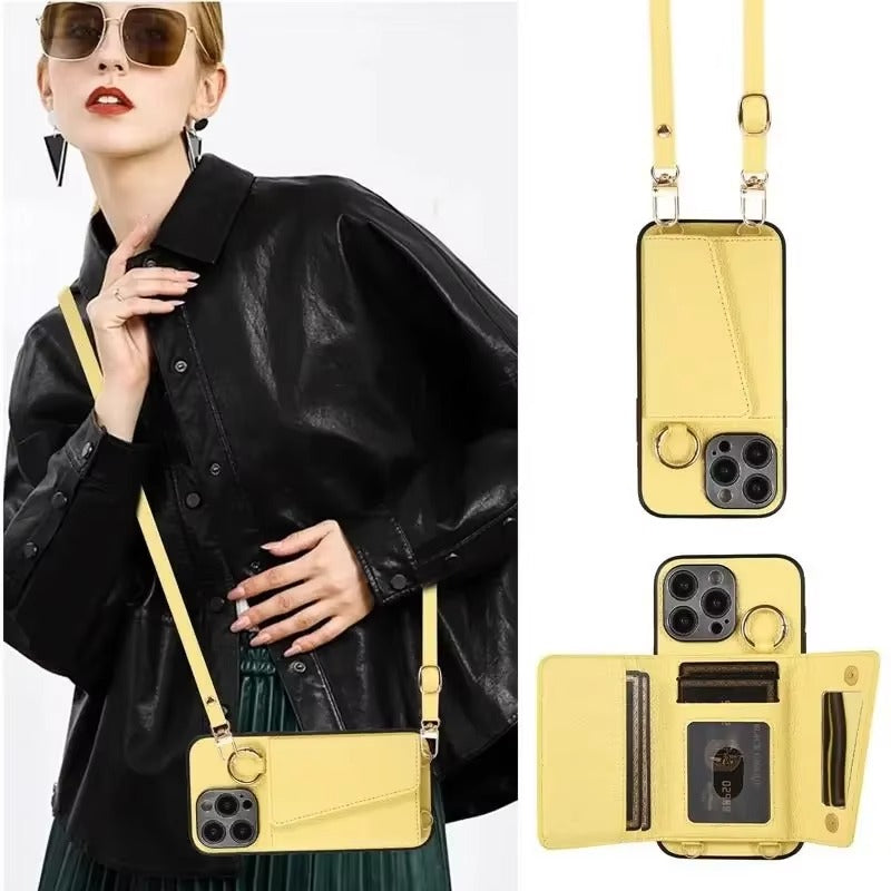 High-End Apple iPhone Case, MagSafe Compatible, Camera Lens & Screen Protection, Ultra Thin, Shockproof, Magnetic Full All Around Cover – Crossbody Leather Wallet Case with Finger Ring Buckle & Card Slots