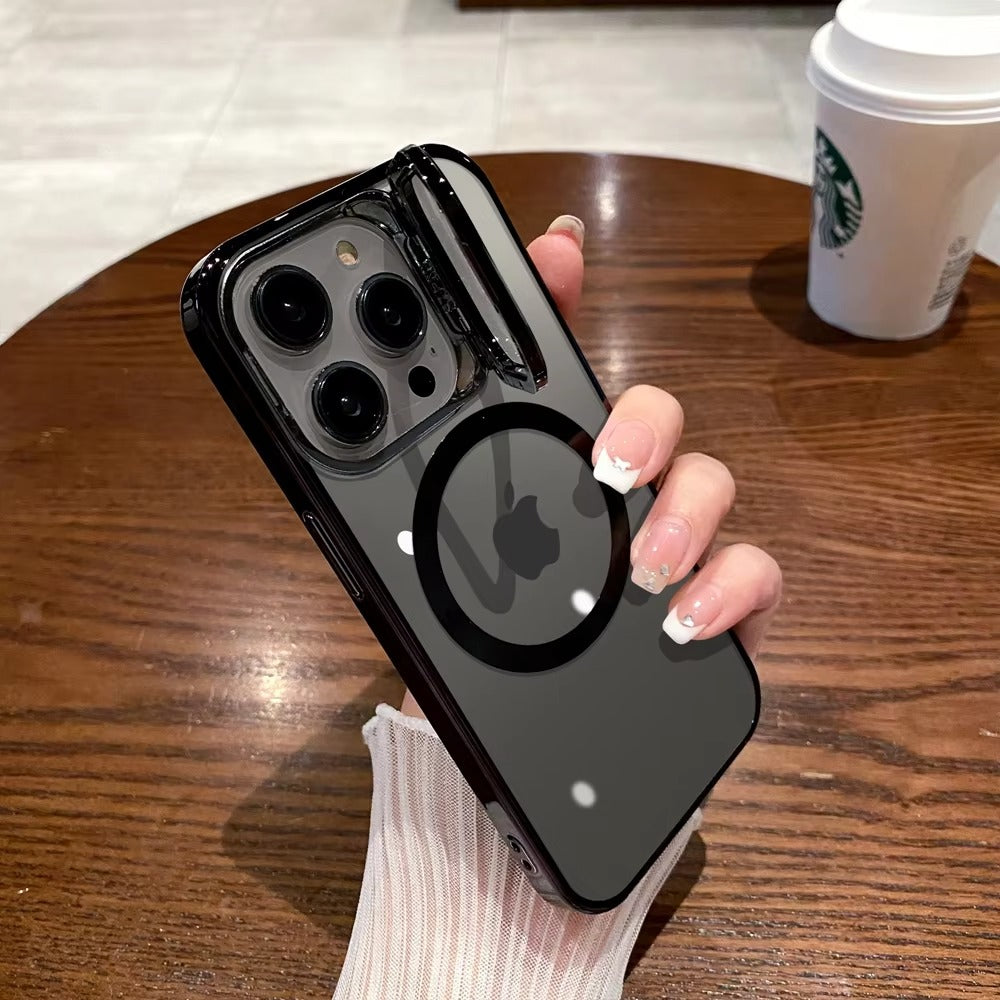 Luxury Apple iPhone Case Ultra Thin Shockproof Magnetic Full All Around Protection Cover with Transparent Plating Bracket