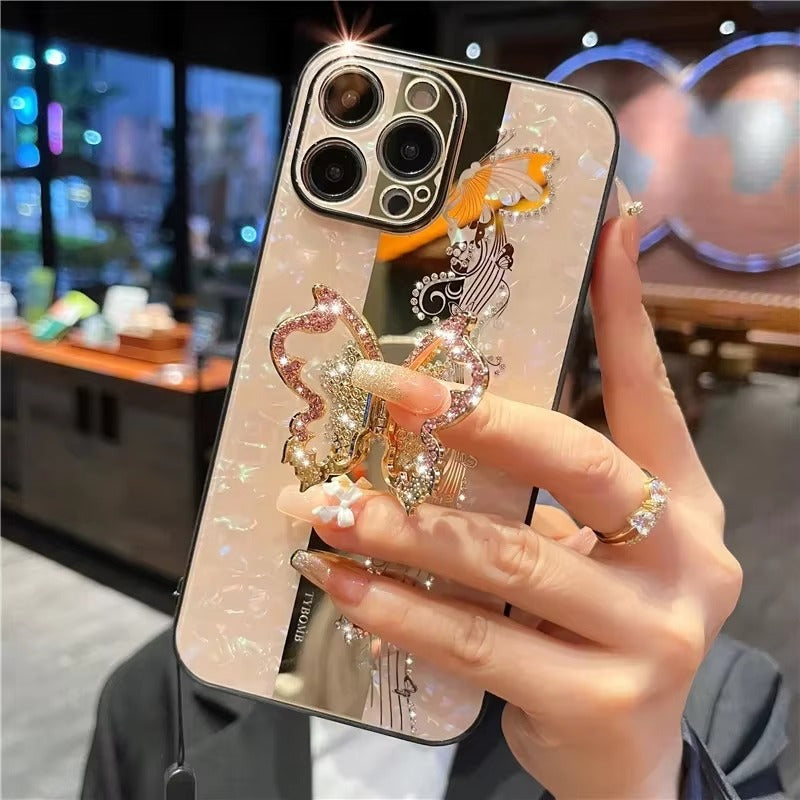 Fashion Apple iPhone Case, MagSafe Compatible, Camera Lens & Screen Protection, Ultra Thin, Shockproof, Magnetic Full All Around Cover – Butterfly Ring Holder Case with Full Shockproof Armor Back for Girls
