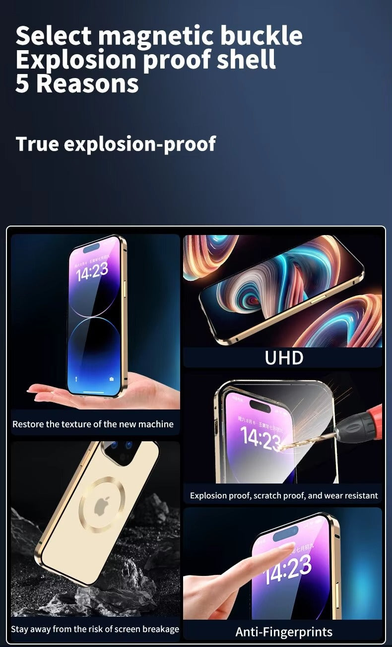 Premium Apple iPhone Case Ultra Thin Shockproof Magnetic Full All Around Protection Cover with Metal Frame Glass Design