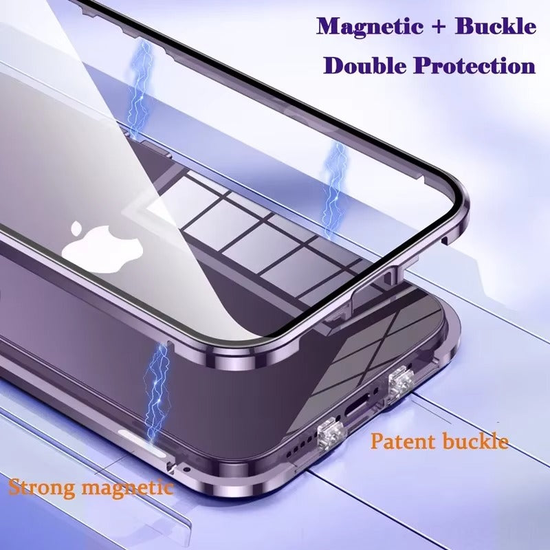 Luxury Apple iPhone Case MagSafe Compatible, Camera Lens & Screen Protection, Cover with Double-Sided Glass Bumper Lock