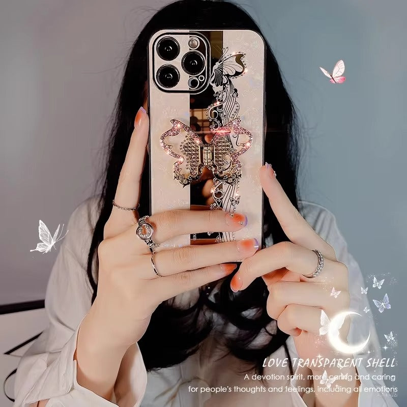 Fashion Apple iPhone Case, MagSafe Compatible, Camera Lens & Screen Protection, Ultra Thin, Shockproof, Magnetic Full All Around Cover – Butterfly Ring Holder Case with Full Shockproof Armor Back for Girls