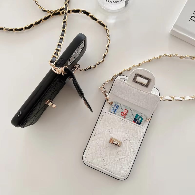 Luxury Apple iPhone Case, MagSafe Compatible, Camera Lens & Screen Protection, Ultra Thin, Shockproof, Magnetic Full All Around Cover – Lingge Envelope Crossbody Card Bag with Long Necklace Strap