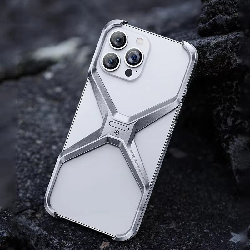 Luxury Apple iPhone Case, MagSafe Compatible, Camera Lens & Screen Protection, Ultra Thin, Shockproof, Magnetic Full All Around Cover – Rimless Aluminum X-Frame Case with Heat Dissipation & Removable Armor Design