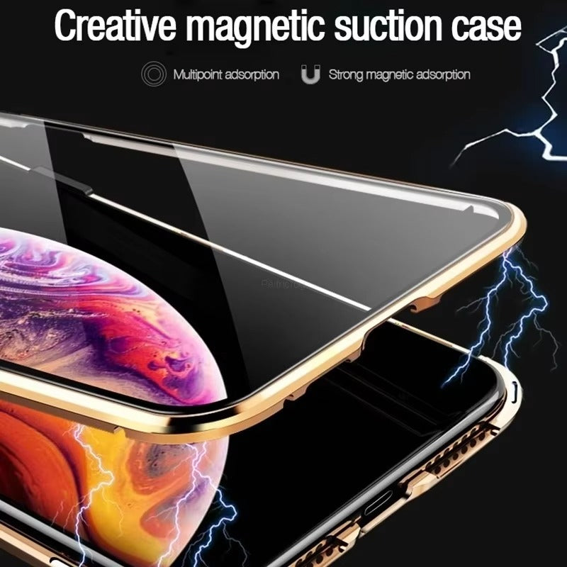 Premium Apple iPhone Case, MagSafe Compatible, Camera Lens & Screen Protection, Ultra Thin, Shockproof, Magnetic Full All Around Cover – 360° Magnetic Metal Case with Tempered Glass Privacy Screen & Anti-Spy Protection