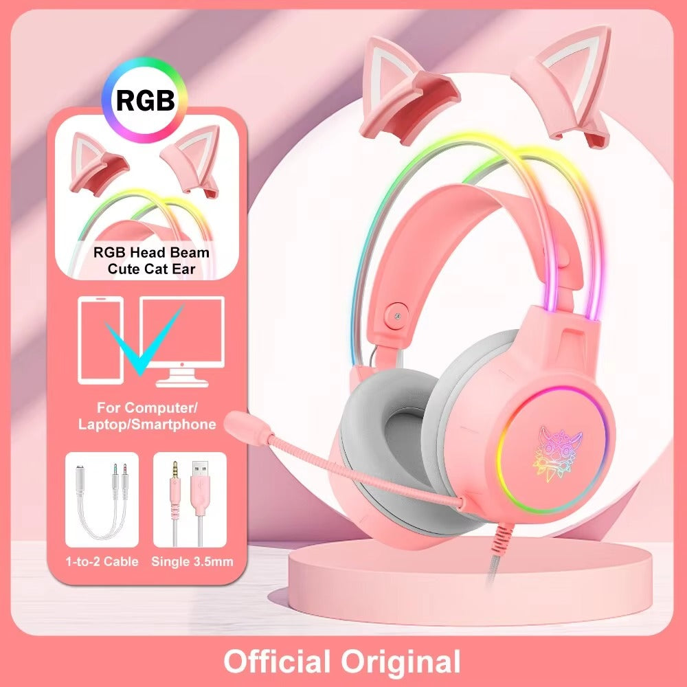 Premium Cat Ear Gaming Headset for iPhone & Mac – Wired Over-Ear Headphones with RGB Lights, Noise Streaming & Online Play