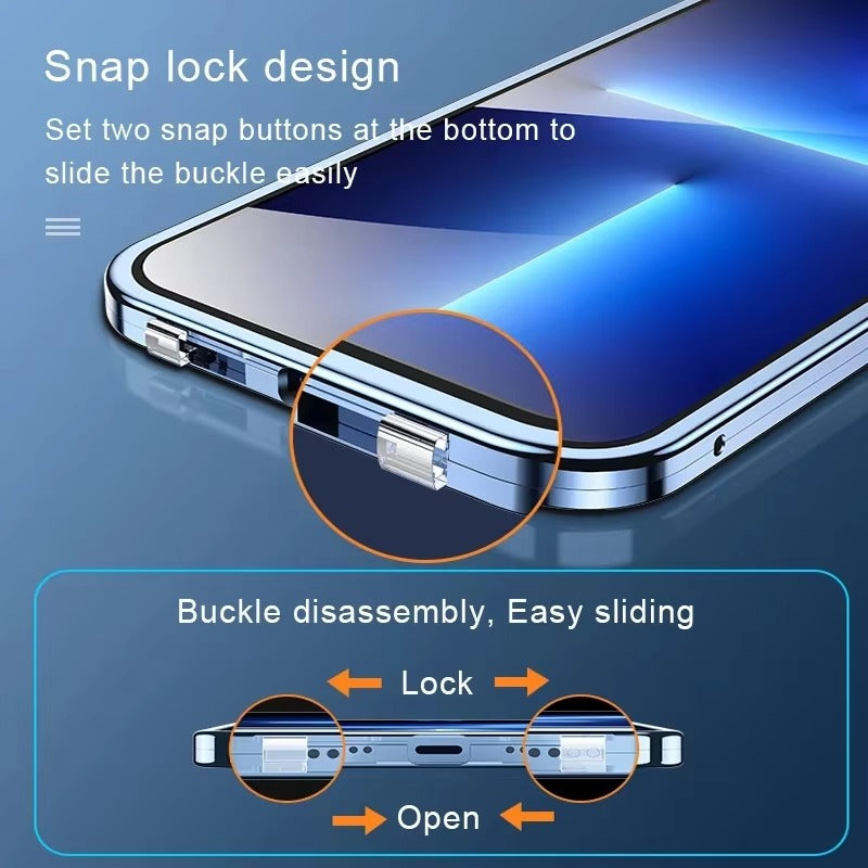 Luxury Apple iPhone Case MagSafe Compatible, Camera Lens & Screen Protection, Cover with Double-Sided Glass Bumper Lock