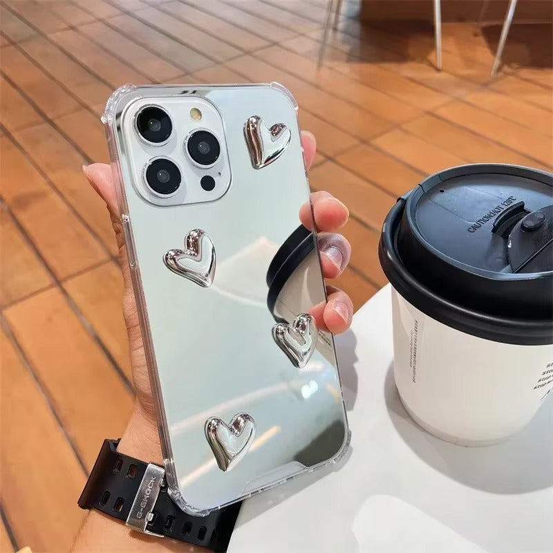 Luxury Apple iPhone Case, MagSafe Compatible, Camera Lens and Screen Protection, Ultra Thin, Shockproof, Magnetic, Full All Around Protection, Silvery Heart Mirror Cover