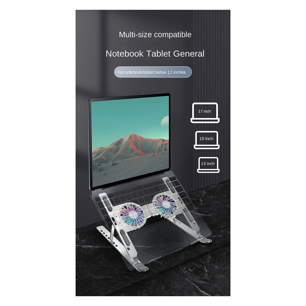 Luxury Aluminum Laptop Stand with RGB Light & Dual Cooling Fans – 7-Level Height Adjustable Notebook Holder, USB Powered, Foldable & Portable for 17" Devices