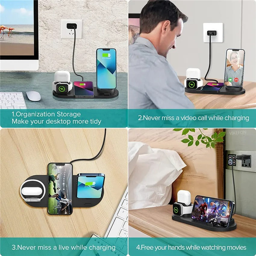Premium 6 in 1 Wireless Charging Station – Fast Charger Dock for iPhone, Apple Watch, AirPods with Type-C, Lightning & Micro USB Ports, 15W Output
