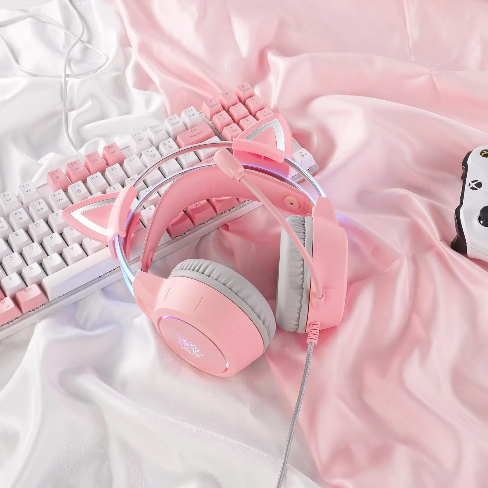 Premium Cat Ear Gaming Headset for iPhone & Mac – Wired Over-Ear Headphones with RGB Lights, Noise Streaming & Online Play
