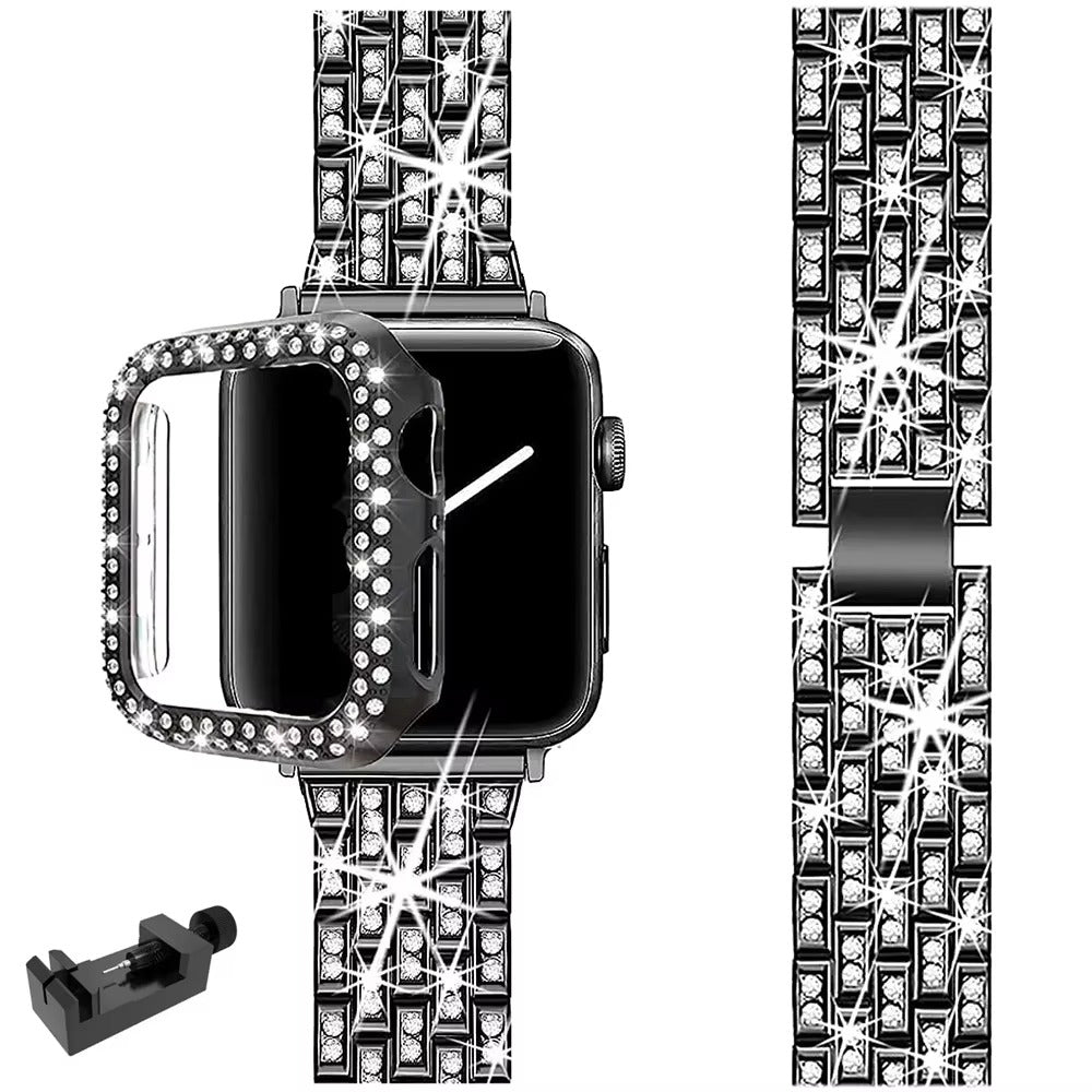 Luxury Glitter Metal Watch Band with Diamond Case – Sparkling Adjustable Strap and Protective Cover for 40mm to 49mm