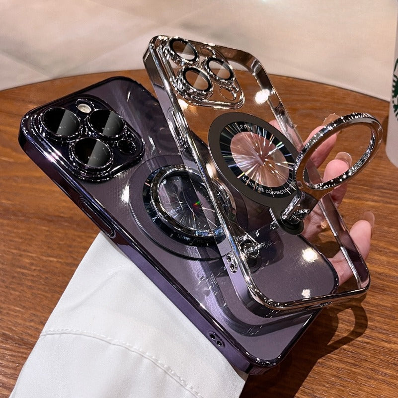 Luxury Ring Holder - Transparent Hard Acrylic Cover, Built-in Bracket, Magnetic Wireless Charging Compatible Case for iPhone