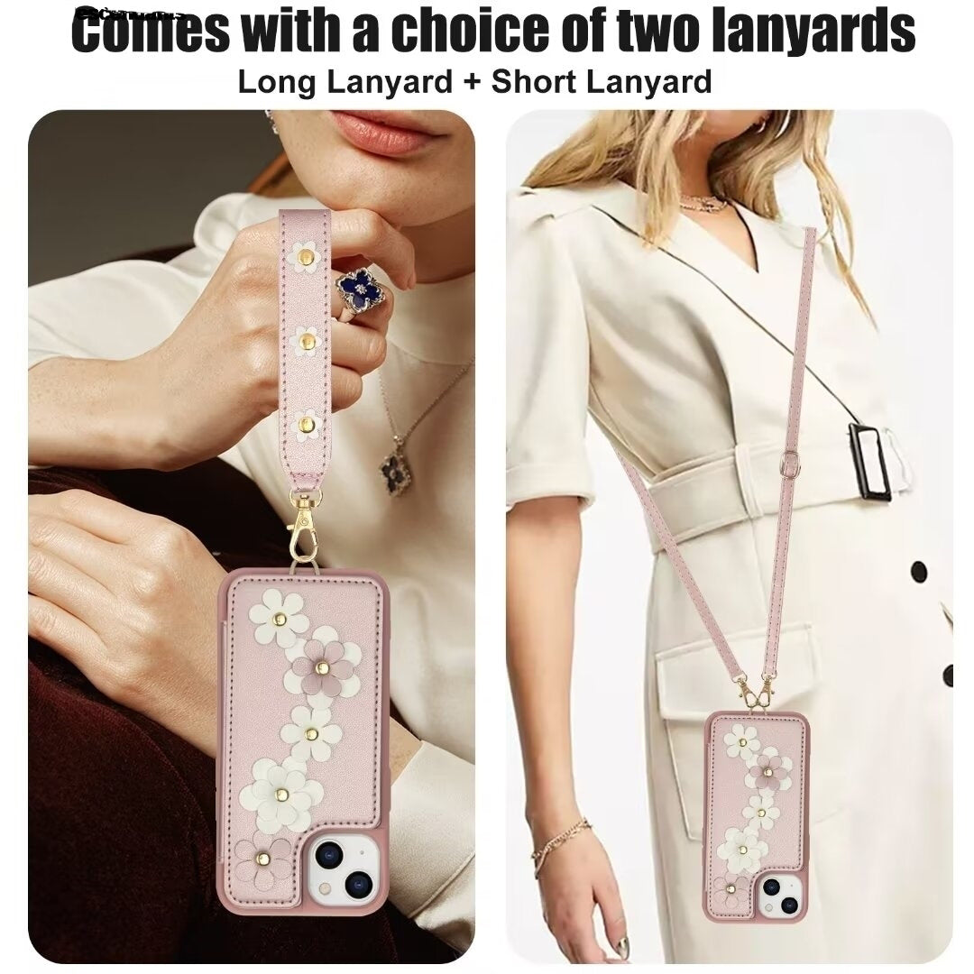 Luxury Crossbody Wallet Leather iPhone Case – 3D Flower Design, Card Slot, Wrist Strap, Magnetic Closure, Protective Cover