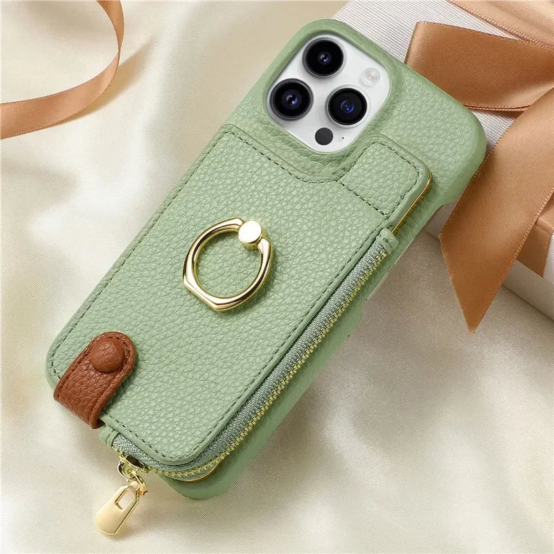 Luxury Leather Zipper Wallet iPhone Case – Card Holder, Ring Kickstand, Shockproof Cover for iPhone Models