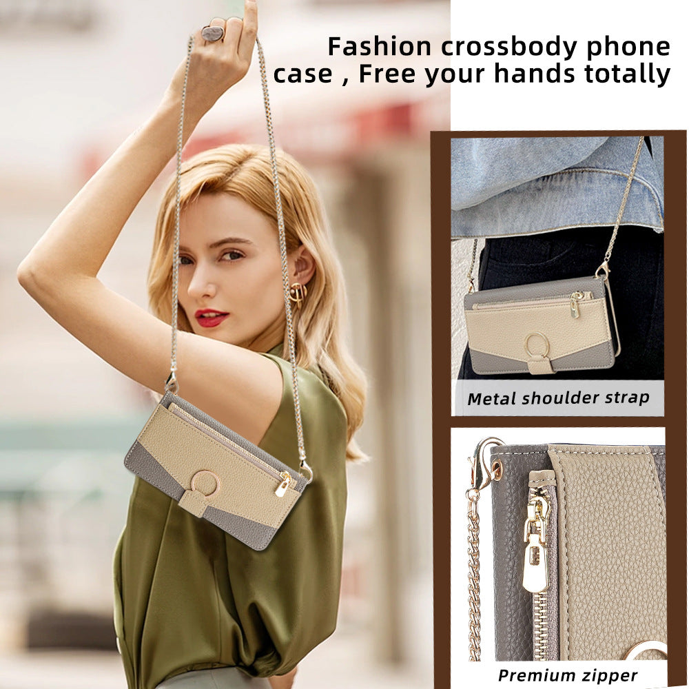 Premium Leather Crossbody Wallet Case for iPhone - Flip Mirror Design, Long Lanyard, Shockproof Protection for iPhone Models
