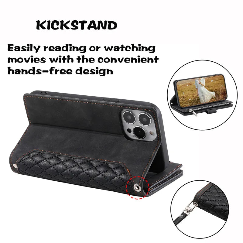 Luxury Flip Leather Wallet iPhone Case – Long Lanyard, Zipper Closure, Card Holder, and Premium Design for iPhone