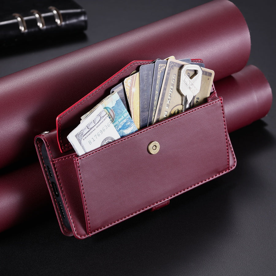 Luxury Dual-Layer Wallet iPhone Case – Flip Leather Cover with Card Slots, Photo Frame, 2 Lanyards, Shockproof Protection, and Stand Feature for iPhone