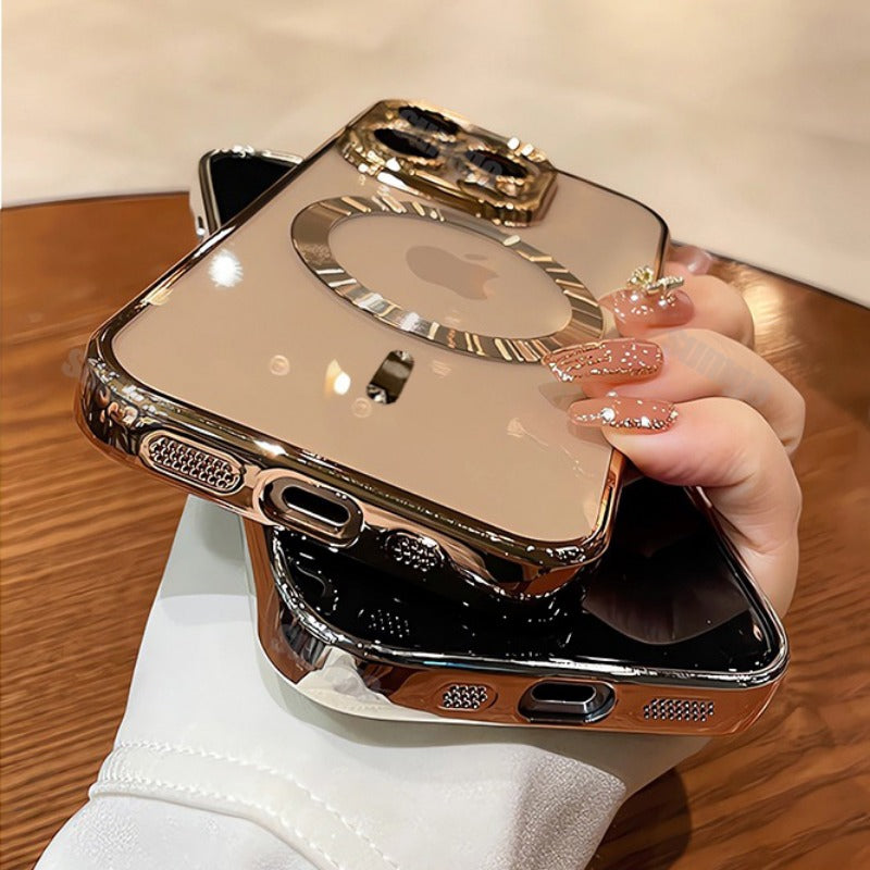 Frameless MagSafe Case with Logo Hole – Transparent Plating Slim Bracket for iPhone Models, Sleek and Durable Design