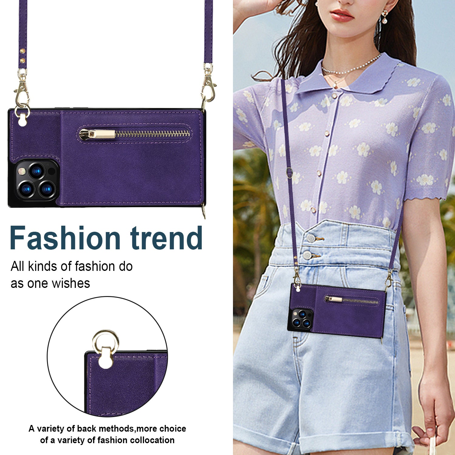 Luxury Zipper Wallet Crossbody Leather iPhone Case Card Holder, Lanyard Strap Magnetic Closure, Stylish Flip Cover for iPhone