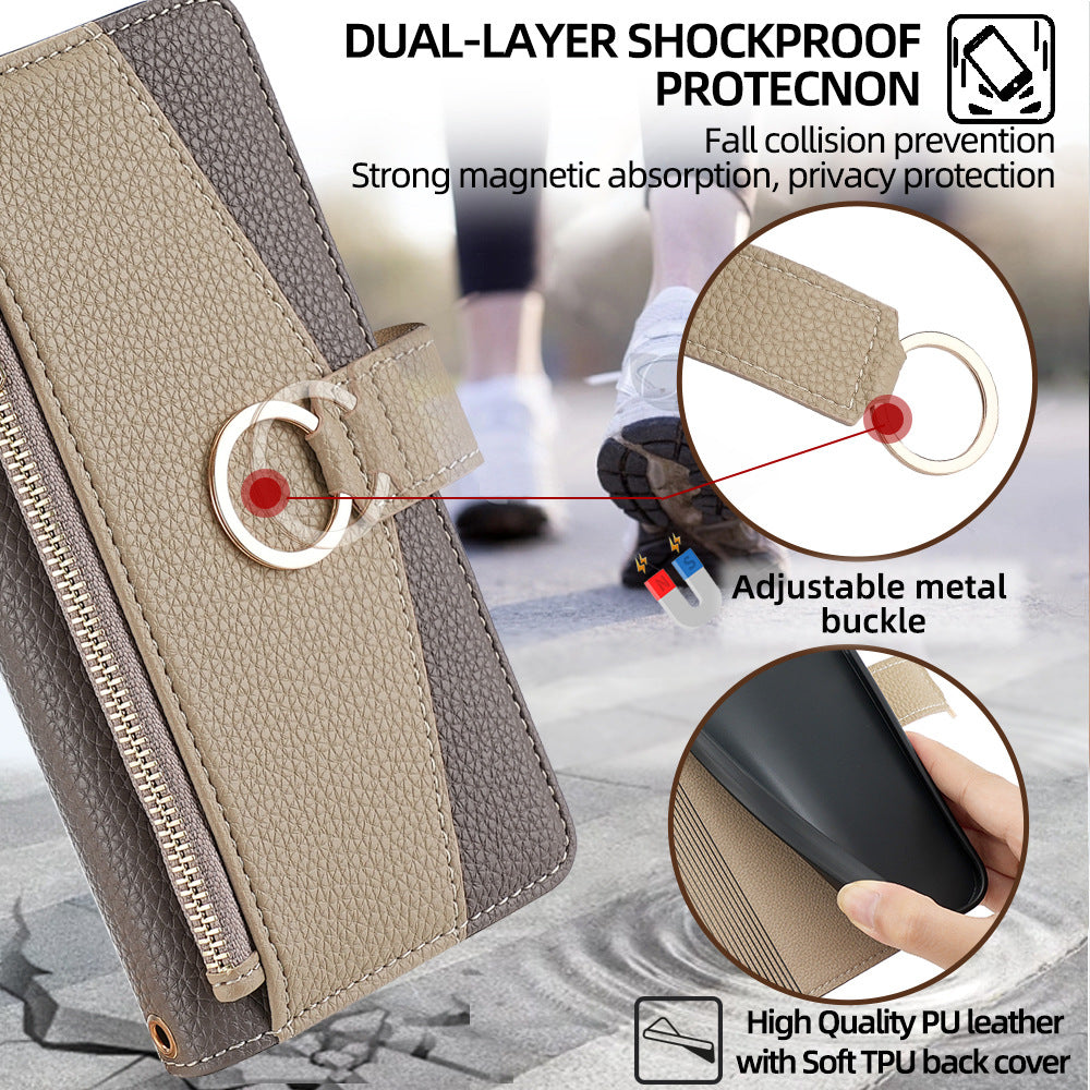 Premium Leather Crossbody Wallet Case for iPhone - Flip Mirror Design, Long Lanyard, Shockproof Protection for iPhone Models