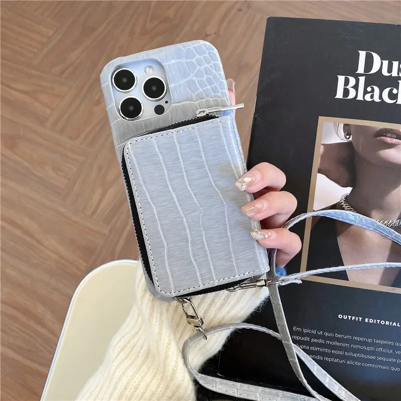 Luxury Crossbody Crocodile Skin iPhone Case – Zipper Wallet, Card Holder, Shockproof Protection, and Elegant Design for Secure & Stylish Convenience