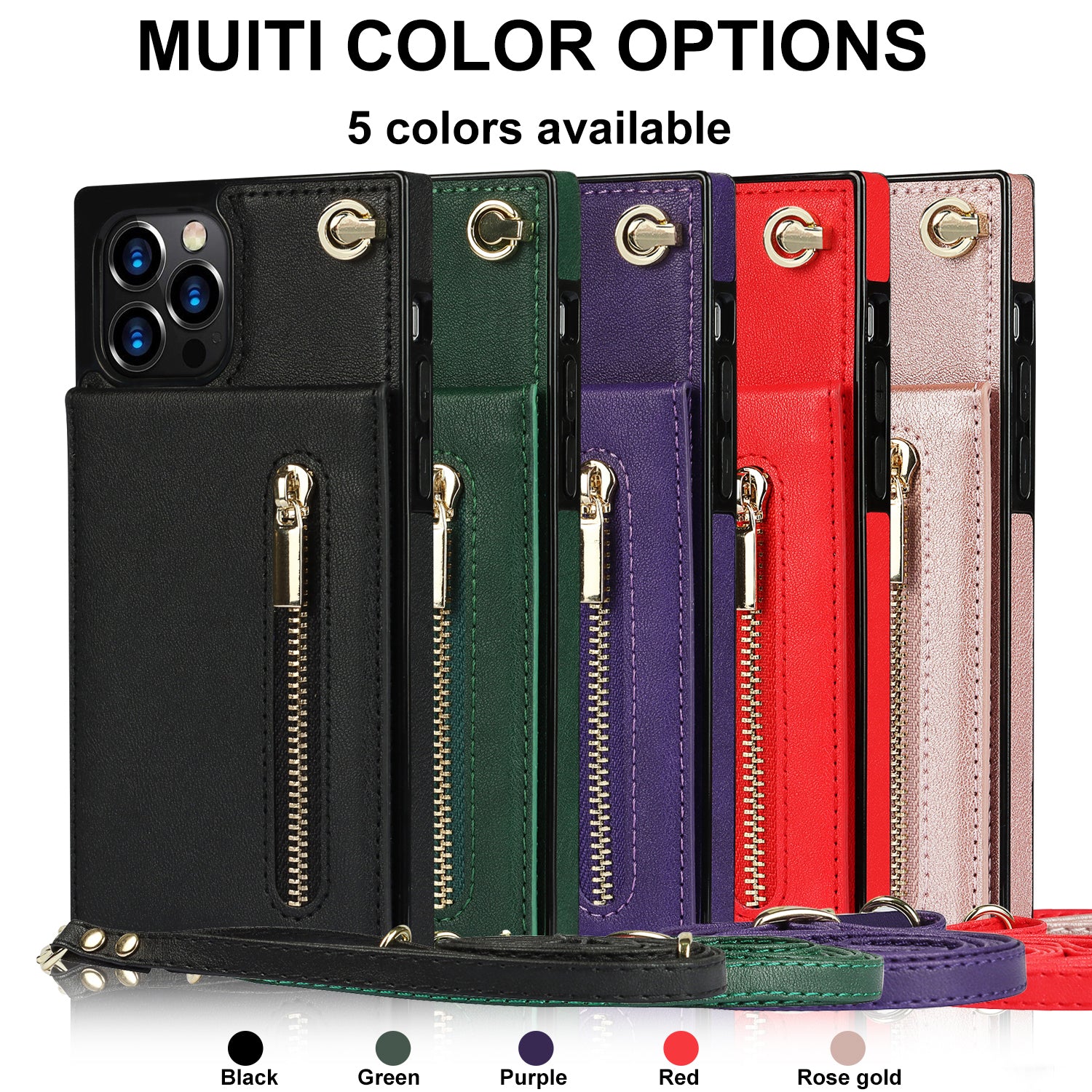 Luxury Zipper Wallet Crossbody Leather iPhone Case Card Holder, Lanyard Strap Magnetic Closure, Stylish Flip Cover for iPhone