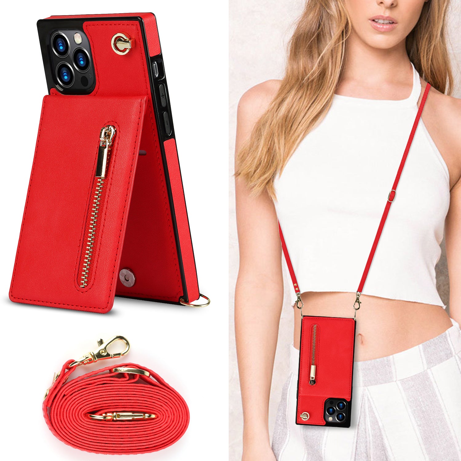 Luxury Zipper Wallet Crossbody Leather iPhone Case Card Holder, Lanyard Strap Magnetic Closure, Stylish Flip Cover for iPhone
