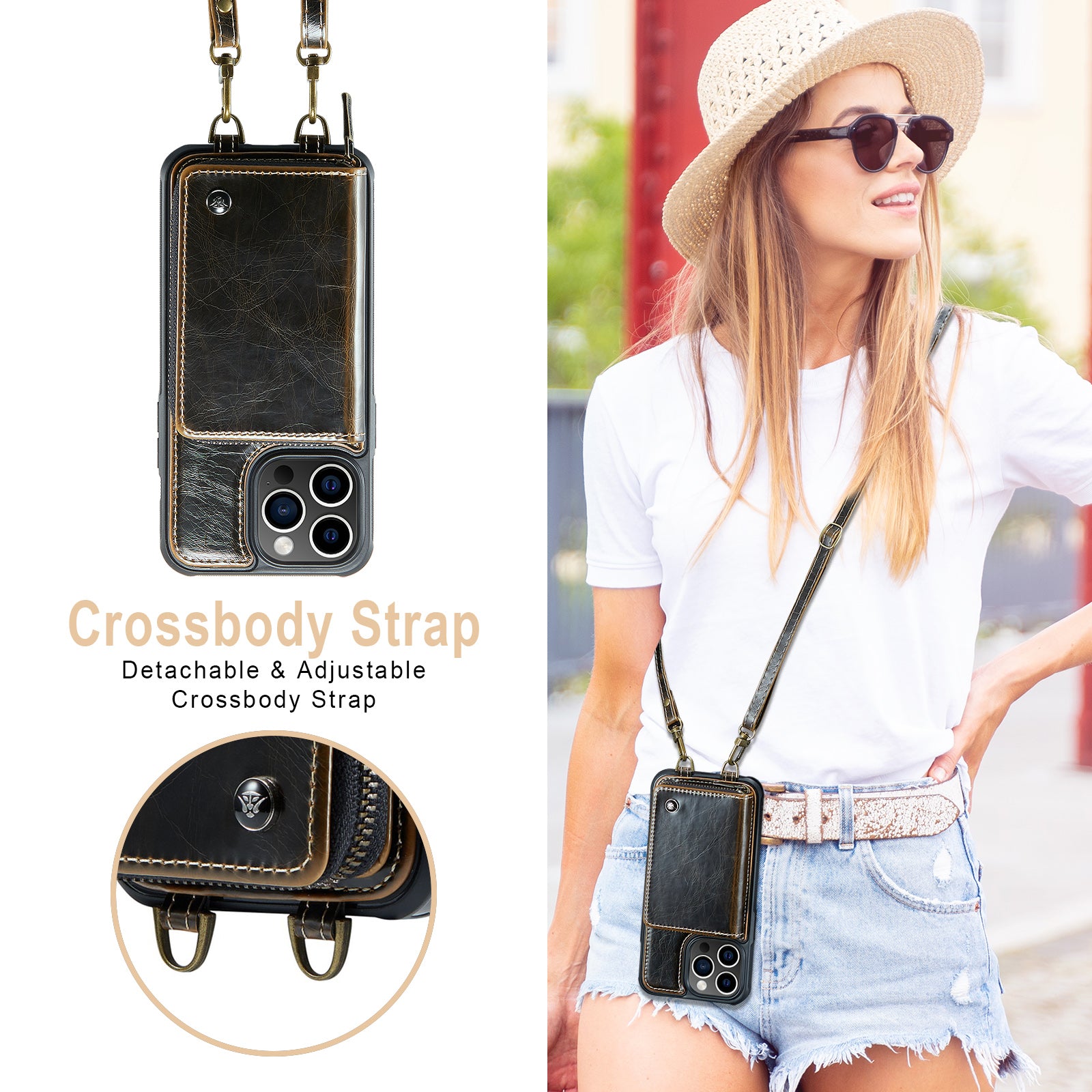 Luxury Leather Wallet Crossbody iPhone Case – Card Slot Holder, Stand Function, Hand Lanyard Strap, Shockproof Protection for iPhone