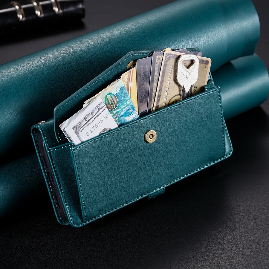 Luxury Dual-Layer Wallet iPhone Case – Flip Leather Cover with Card Slots, Photo Frame, 2 Lanyards, Shockproof Protection, and Stand Feature for iPhone