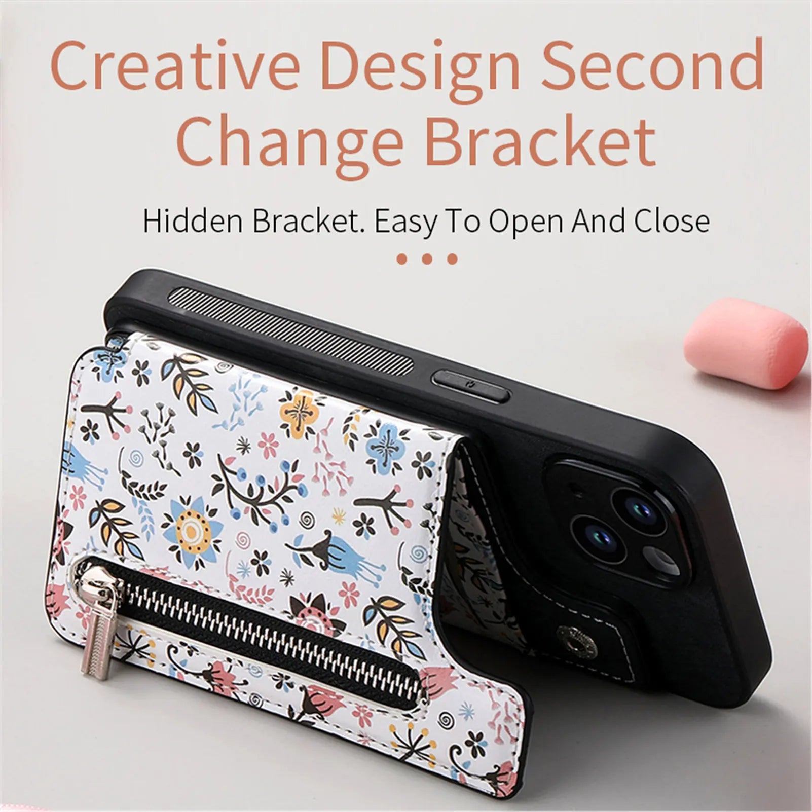 Zipper Card Slot Wallet iPhone Case – Magnetic Closure, Purse Pocket, Floral Design, Shockproof Protective Cover for iPhone