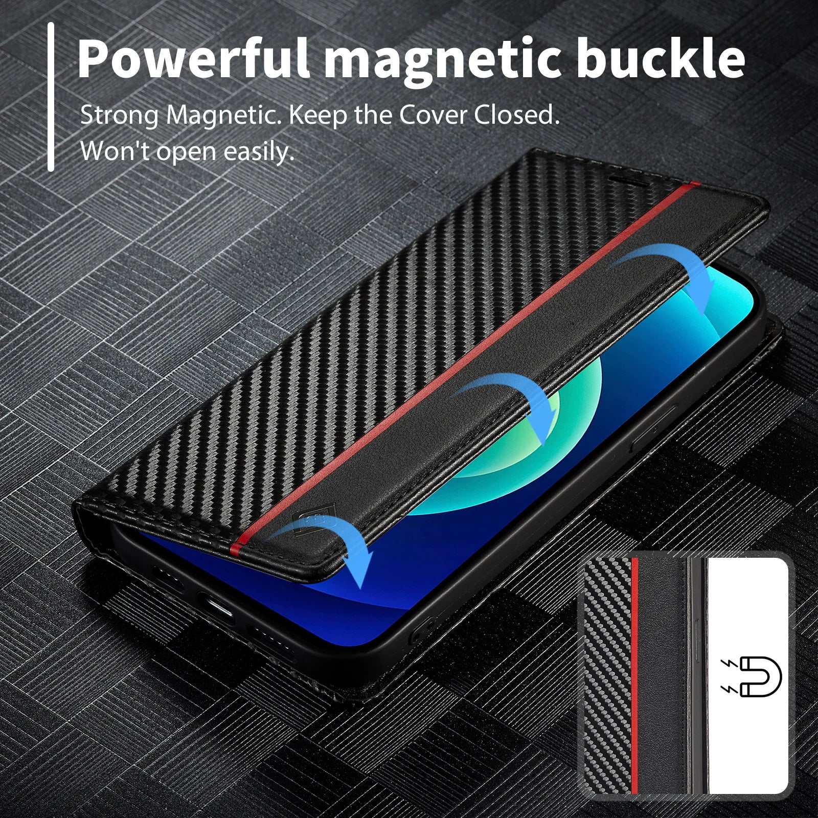 Luxury Carbon Fiber Leather Wallet iPhone Case – Magnetic Flip Cover, Card Holder, Shockproof Protection, Durable for iPhone