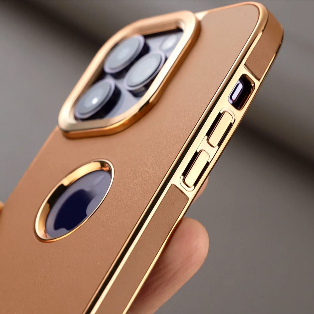 Luxury Business Cowhide Leather iPhone Case – Plating Shockproof Cover for iPhone Models, Sleek and Durable Design