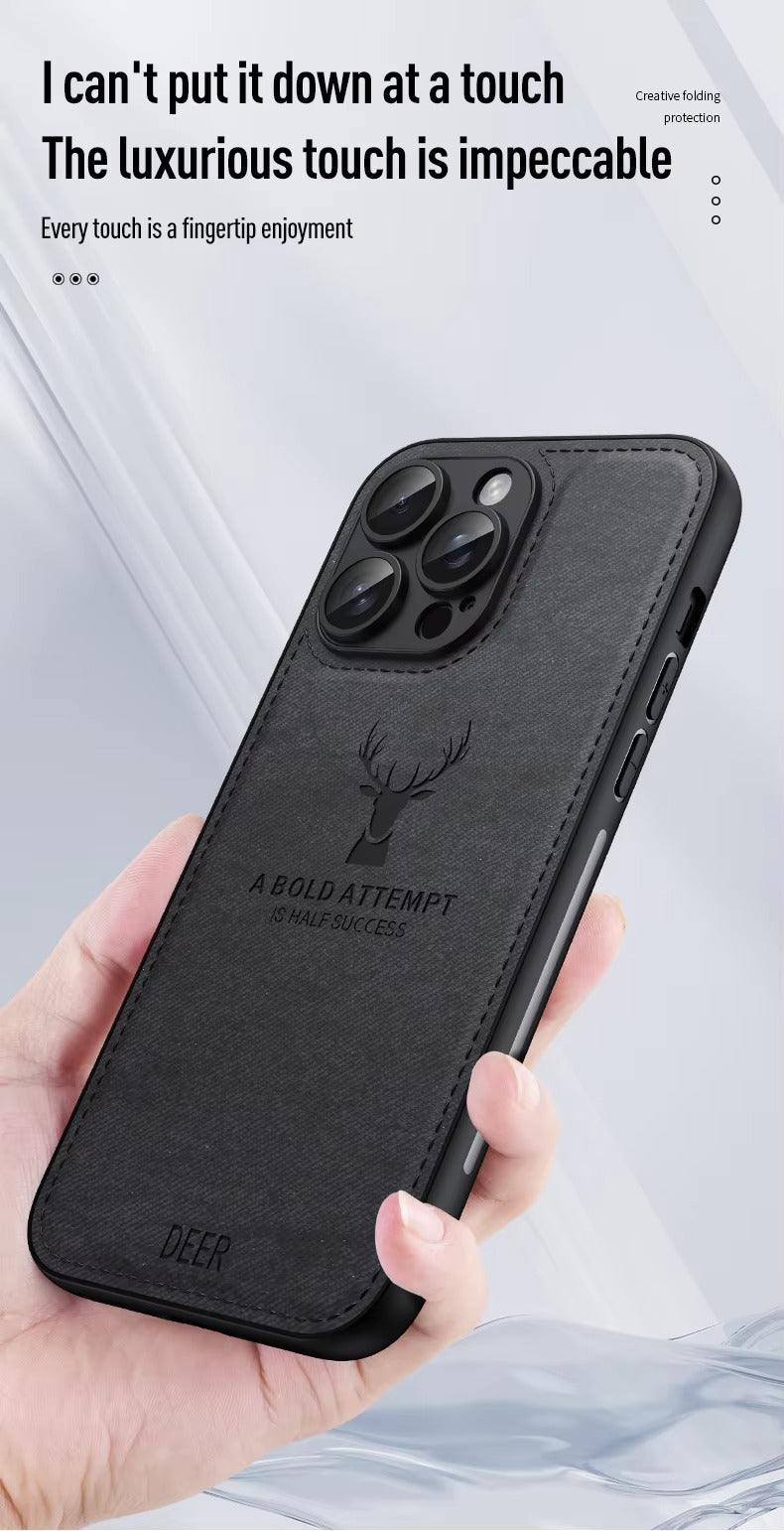 Luxury Cloth Leather Texture iPhone Case – Deer Head Pattern, Shockproof, Stylish Design for Daily Use | Case for iPhone