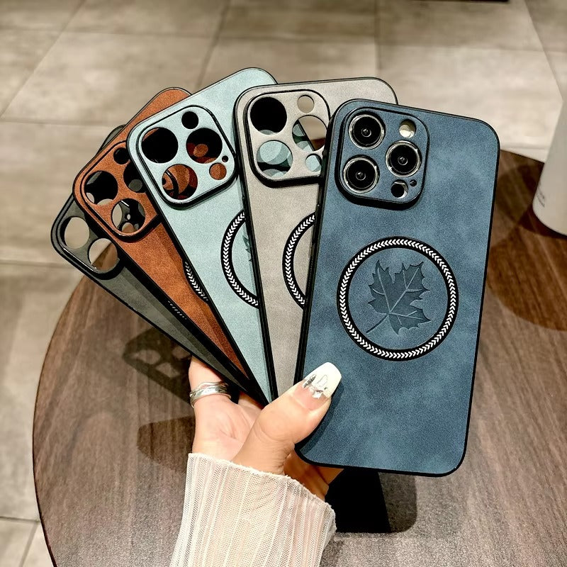 Premium Retro Leather Maple Leaf iPhone Case – MagSafe Charging, Stylish & Durable Full Protection Cover | Case for iPhone