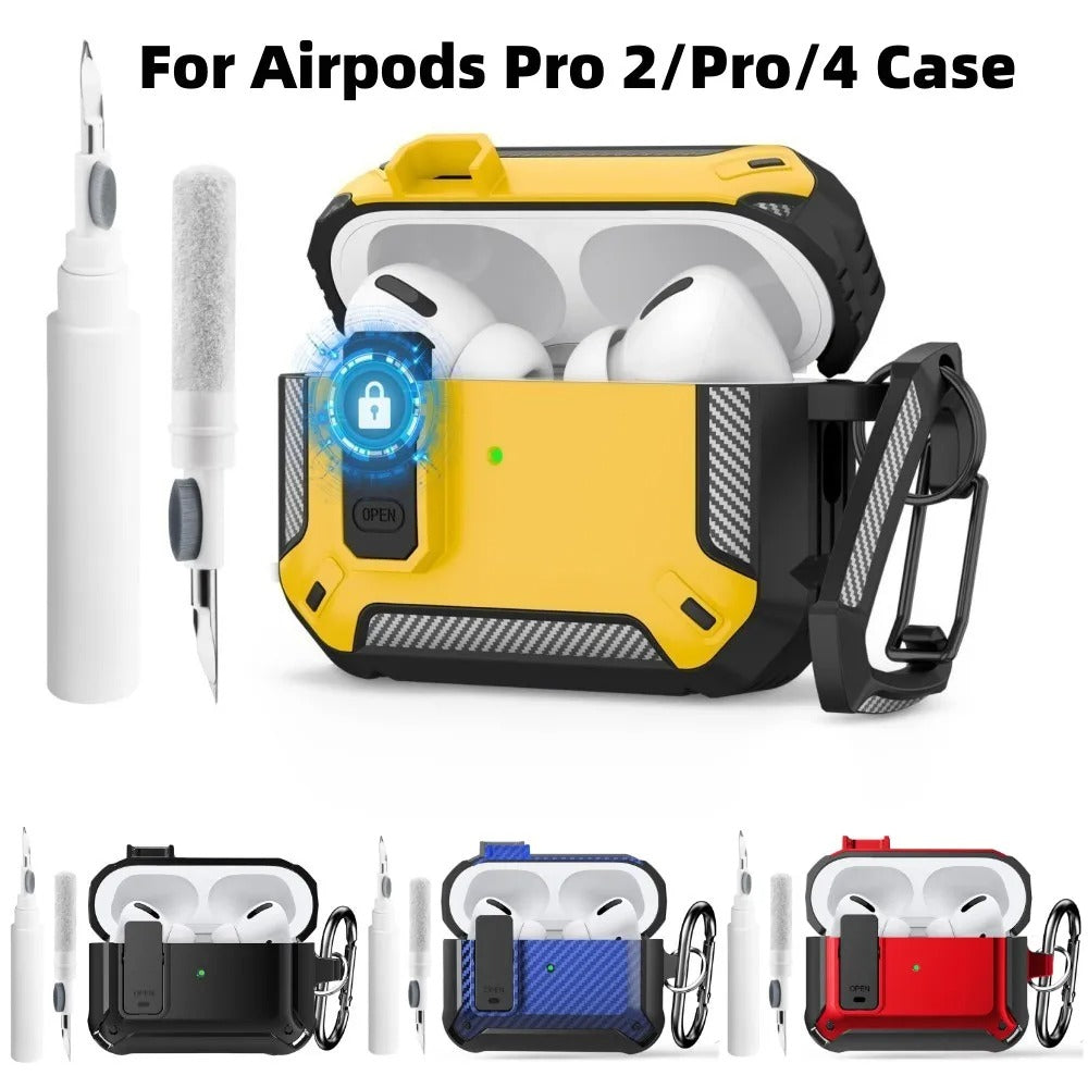Premium Carbon Fiber AirPods Case Cover – Shockproof TPU Hard Shell with Secure Lock, Keychain, Wireless Charging Compatible for AirPods Pro 2, 3, 2, 1 & 4