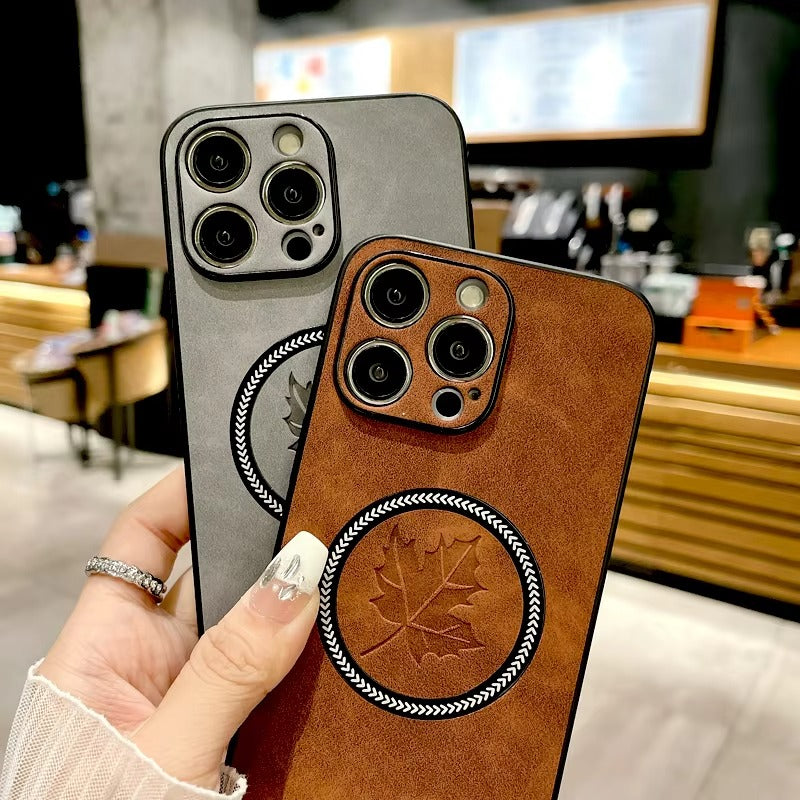 Premium Retro Leather Maple Leaf iPhone Case – MagSafe Charging, Stylish & Durable Full Protection Cover | Case for iPhone