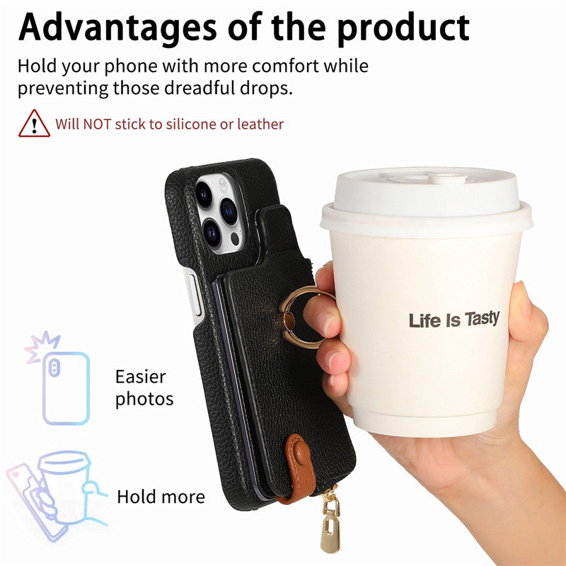 Luxury Leather Zipper Wallet iPhone Case – Card Holder, Ring Kickstand, Shockproof Cover for iPhone Models