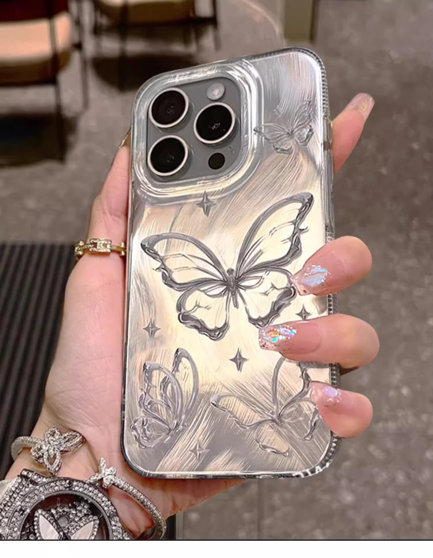 Luxury Apple iPhone Case, MagSafe Compatible, Camera Lens and Screen Protection, Ultra Thin, Shockproof, Magnetic, Full All Around Protection, Laser Silver Butterfly Cover