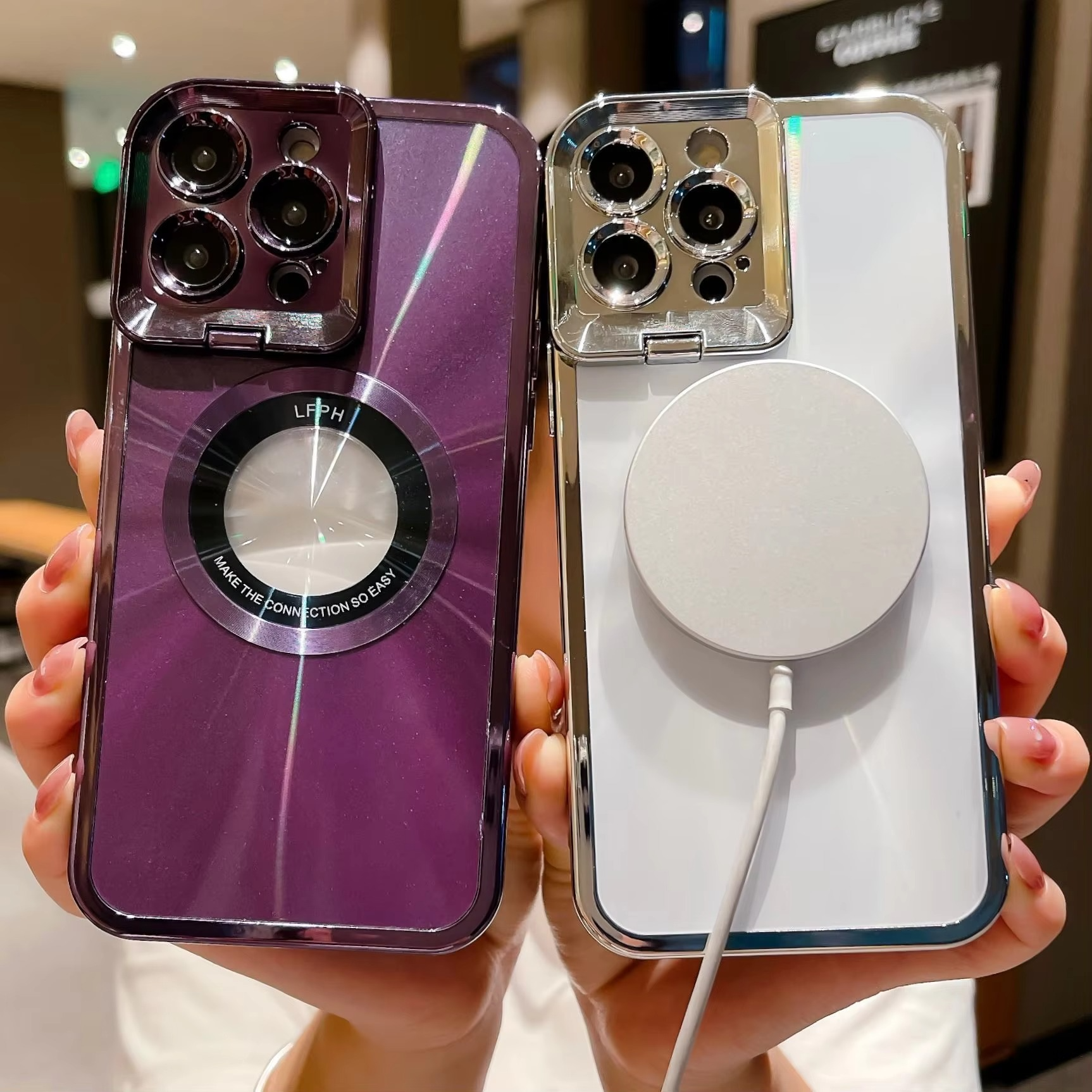 Aurora MagSafe iPhone Case - Plating CD Pattern, Logo Hole Design, Stand Bracket, Magnetic Wireless Charging Case for iPhone