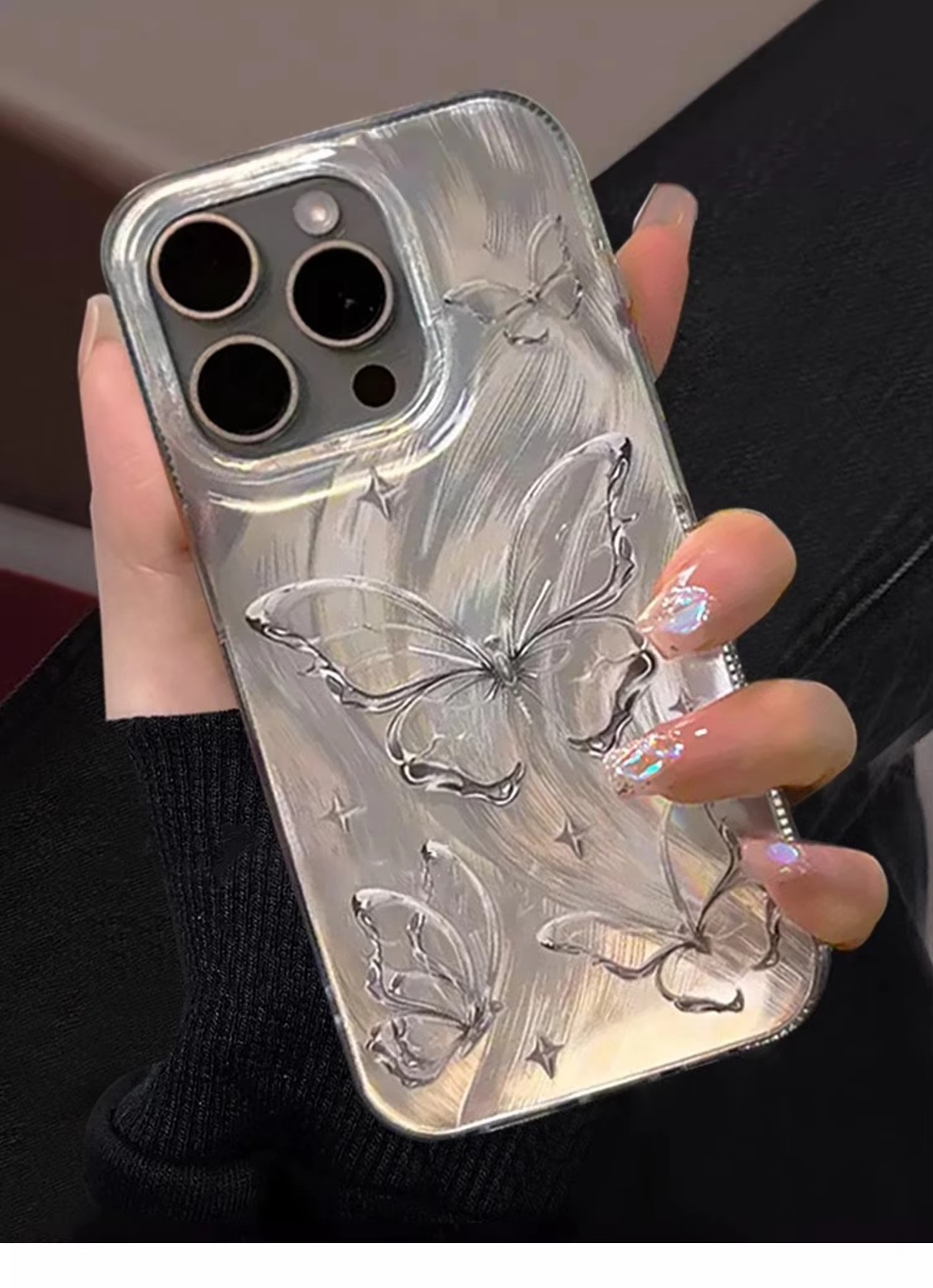 Luxury Apple iPhone Case, MagSafe Compatible, Camera Lens and Screen Protection, Ultra Thin, Shockproof, Magnetic, Full All Around Protection, Laser Silver Butterfly Cover